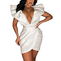 Womens Sexy Short Sleeve Ruffles Solid Deep V Neck Bodycon Party Clubwear Dress
