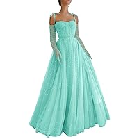 Sparkly Starry Tulle Prom Dresses for Women Long Sleeves Spaghetti Straps Long Formal Evening Party Gowns