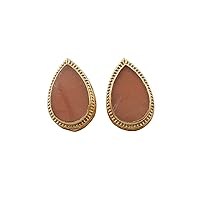 Push Back Style Pear Shape Design Peach Moonstone Gemstone Brass Gold Plated Stud Earrings Jewelry