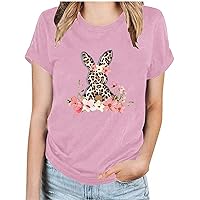 Easter Tops for Women Trendy 2024 Summer Round Neck Funny Bunny Print T-Shirt Short Sleeve Casual Shirt Fashion Tunic Blouse