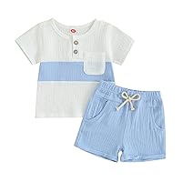 Kupretty Baby Boy Summer Clothes Toddler Outfit Linen Short Sleeve Button T-Shirt Tees + Shorts Infant Clothing Set