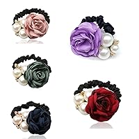 5PCS Korean Fashion Pearl Hair Rope Rose Flower Hair Band Elastic Hair Tie
