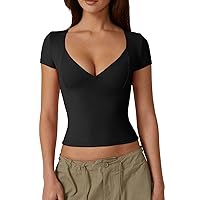 QINSEN Women's V Neck Short Sleeve T Shirts Double Lined Tee Seamed Cup Going Out Tops
