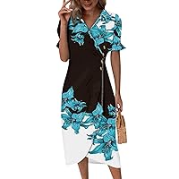 Women's Casual Summer Short Ruffle Sleeve Push Up Maxi Dress with Contrast Color Bohemian Floral V Neck Print Dress