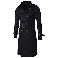 Men's Double Breasted Long Trench Coat Slim Fit Mid Long Belted Windbreaker Stylish Lapel Overcoat With Pocket
