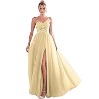 Glitter Tulle Prom Dresses Long Slit Lace Appliques Formal Dresses for Women
