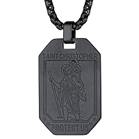 FaithHeart Saint Christopher Necklace, Black Gun Plated Catholic Patron Saints Medal Pendant St. Christopher Traveler Medallion Necklace Dog Tags for Men -Black