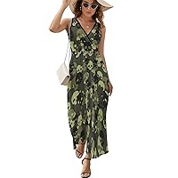 Green Camo Skull Sleeveless Maxi Dresses Casual Beach Long Sundresses with Cross V Neck for Women Summer
