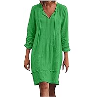 Women's Casual Long Sleeve V Neck Loose Ruched Summer Dress Beach Flowy Shirt Dresses Cotton Linen Knee-Length Dress
