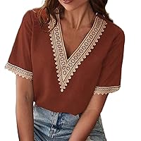 Long Sleeve Going Out Tops Women's V Neck Short Sleeved Gold Lace Fashion and Casual Solid Color Loose Top WOM
