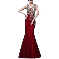 Sleeveless V Neck Royal Blue Lace Evening Dress Mermaid Red Long Party Dress
