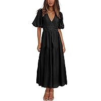 Woolicity Womens Summer Maxi Dress Wrap V Neck Short Sleeve Beach Flowy Long Dresses Black XXL