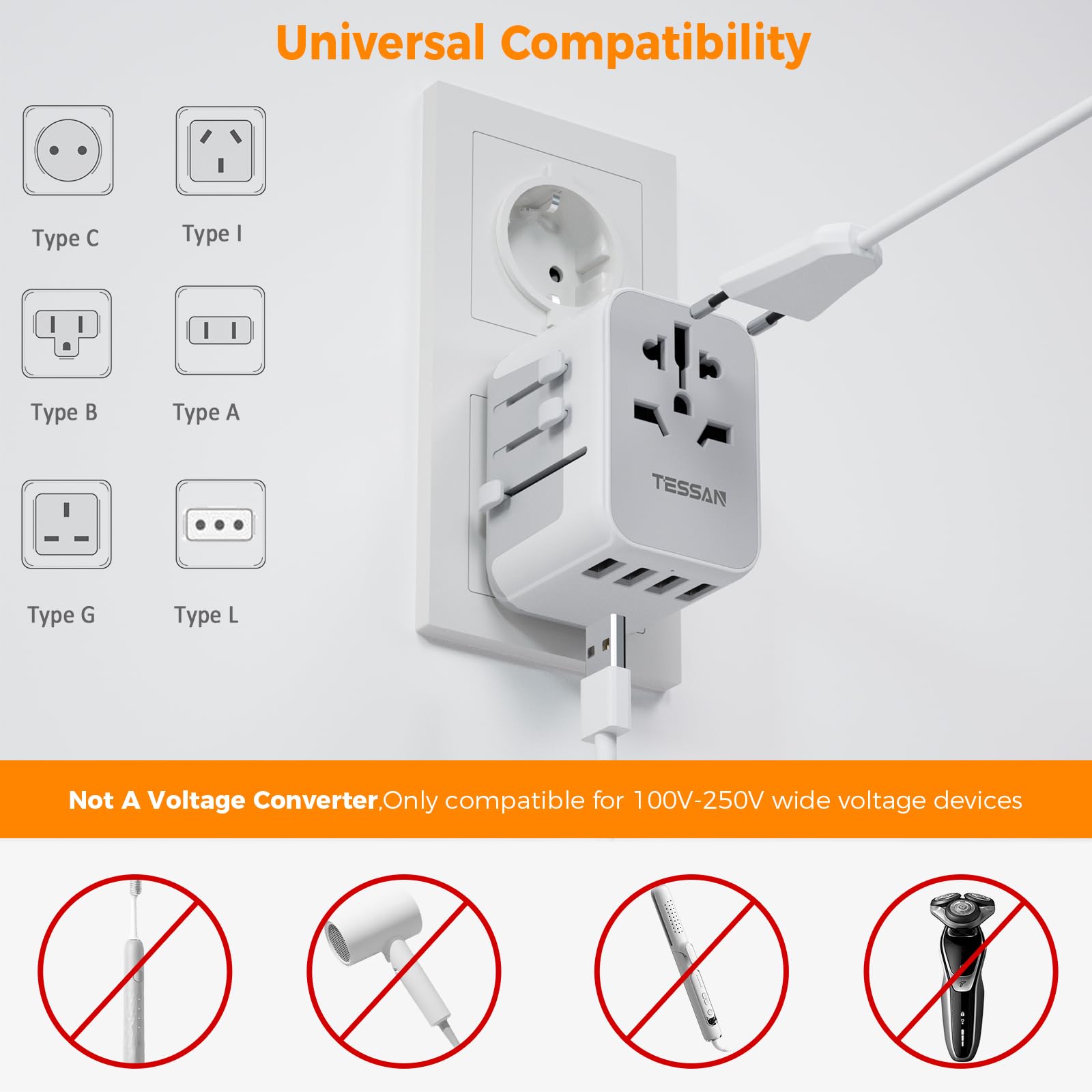 TESSAN Universal Power Adapter, International Plug Adapter with 4 USB Outlets, Travel Worldwide Essentials, All in 1 Wall Charger Converter for UK EU Europe Ireland AU (Type C/G/A/I) Grey
