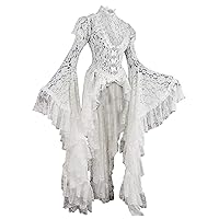Plus Size Women Retro Gothic Flowy Bandage Maxi Dress Lace Hollow Out Bell Long Sleeve Halloween High-Low Dresses