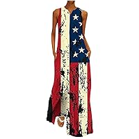 July 4th Tie Dye Stars Stripes Tank Long Maxi Dress for Womens Summer Sleeveless V Neck Fashion Swing Tunic Dresses