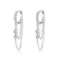 Reffeer Solid 925 Sterling Silver Chain Drop Earrings Hoop for Women Teen Girls CZ Hoop Chain Earrings Dangle