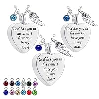 3 PCS Stainless steel Heart Urn necklace for Ashes keepsake With Angel Qings 12-color Birthstone Pendant Cremation Jewelry Ash Necklace-God Has You in His Arms I Have You in My heart