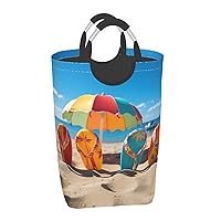 Laundry Basket Waterproof Laundry Hamper With Handles Dirty Clothes Organizer Colorful Flip Flops Beach Ball Print Protable Foldable Storage Bin Bag For Living Room Bedroom Playroom