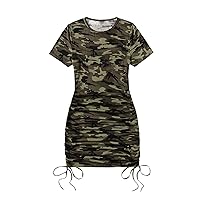 Floerns Women's Plus Size Camo Print Short Sleeve Drawstring Ruched Bodycon Dress