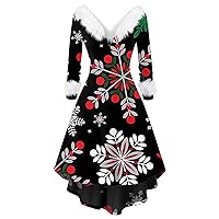 Women's Dresses Casual Fall Fashion V-Neck Casual Fit Christmas Print Party Long Sleeve Dress