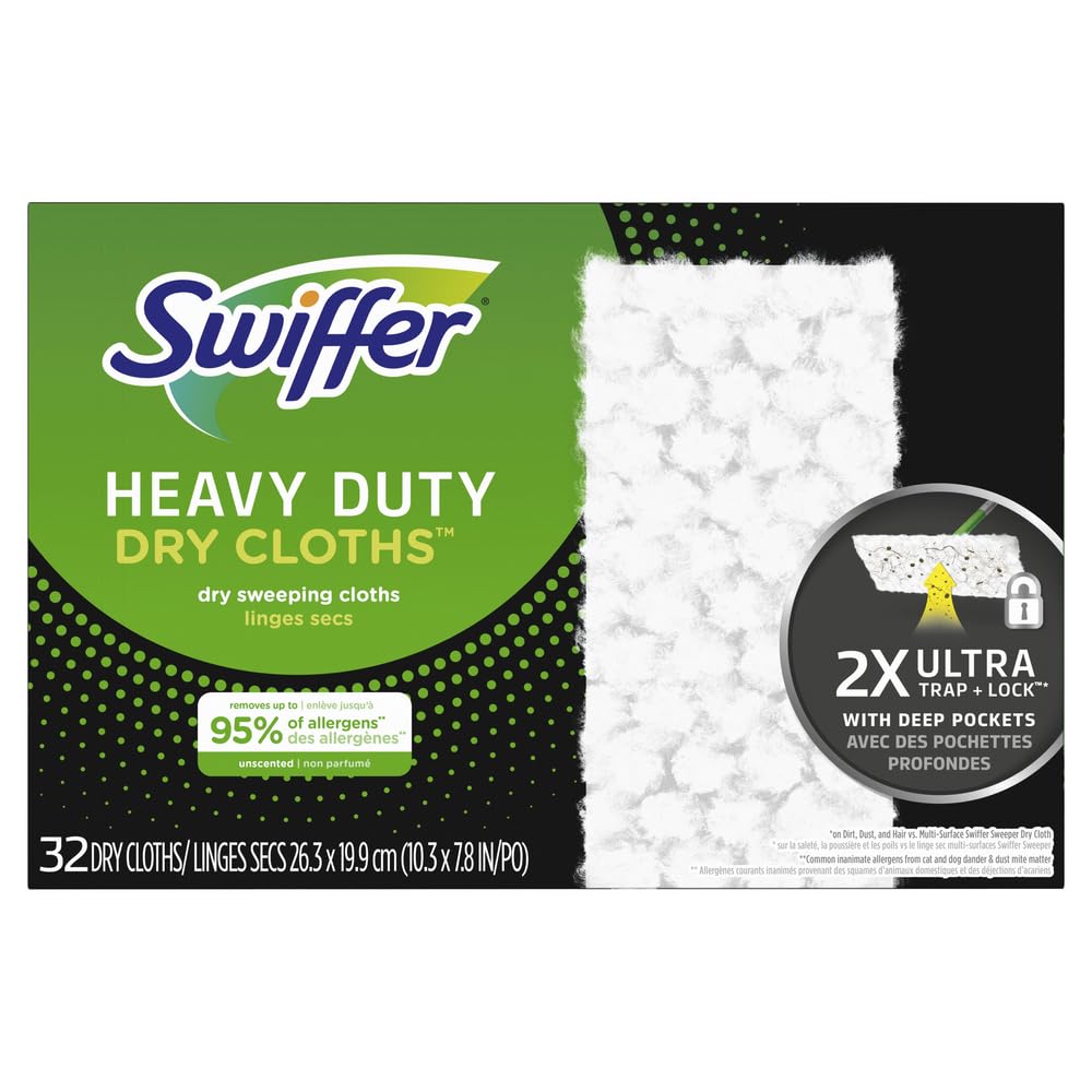 Swiffer Sweeper Heavy Duty Dry Multi-Surface Cloth Refills for Floor Sweeping and Cleaning, Unscented, 32 Count