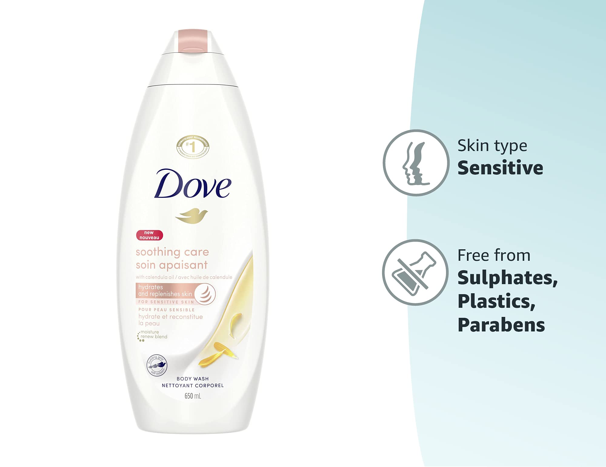 Dove Soothing Care Body Wash for Sensitive Skin with Calendula-Infused Oils Hydrates and Replenishes Skin Sulfate Free, 22 Fl Oz (Pack of 4)