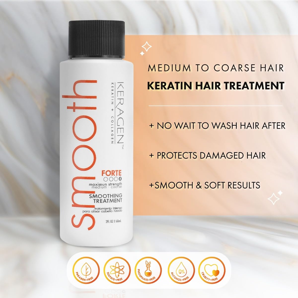 Keragen - Brazilian Keratin Smoothing Treatment, Blowout Straightening System for Dry and Damaged Hair - Forte, Sulfate Free - Eliminates Curls and Frizz, Medium to Coarse Hair (2 Oz)