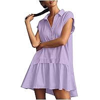 Women's Button Lapel Shirt Dress Summer Short Sleeve V Neck Mini Patchwork Dresses Casual Loose Henley A-Line Dress