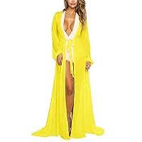Pink Queen Women's Long Sleeve Flowy Maxi Swimsuit Tie Front Robe Cover Up