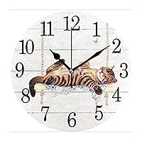 Cat on Swing Wall Clock White Vintage Wood Clock 10 Inch Silent Non-Ticking Wooden Wall Clocks Battery Operated Living Room Bedroom Kitchen Farmhouse Decor Christmas Birthday Gift