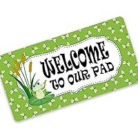 Welcome To Our Pad Signs Frog Spring Wreath Metal Signs Vintage Wall Decor Retro Poster Plaque Rustic Farmhouse Wall Art Sign for Home Bar Birthday Housewarming Gift