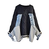 Autumn Women's Loose Korean Style Long Sleeve Stitched Denim Sweater Oversize Pullover