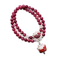 Fortune & Lucky Cat Pendant Women Two Row Korean Style Natural Stone Bead Bracelet for Lady & Girl