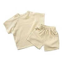 MYGBCPJS Toddler Boys Girls Waffle Knit Tops Shorts Set Short Sleeve Toddler Baby 2 Pcs Cotton Shirt Short Bottoms Outfits