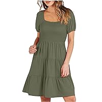 Summer Tiered Flowy Mini Dress Wome Puff Short Sleeve Square Neck Beach Dresses Casual Boho Smocked High Waist Dress