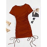 Summer Dresses for Women 2022 Solid Side Drawstring Ruched Bodycon Dress Dresses for Women