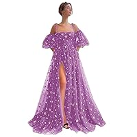 ZHengquan Women's Sparkly Starry Tulle Prom Dresses Puffy Sleeves Backless Glitter Star Evening Party Gowns