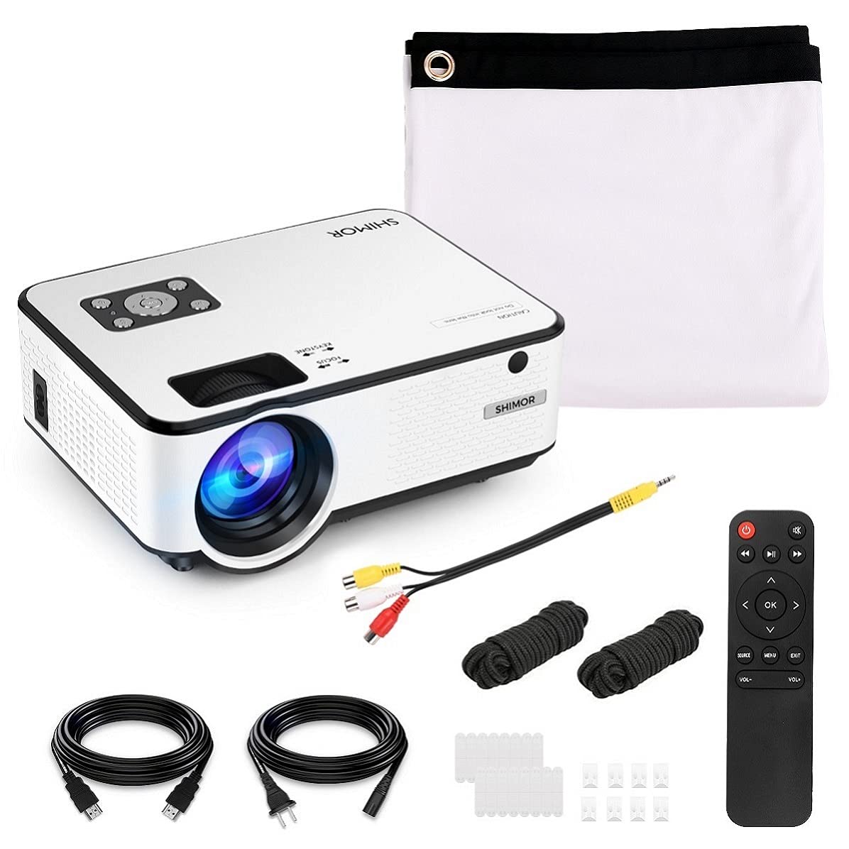 Mini Projector, SHIMOR C9 7500L HD Outdoor Movie Projector with 100 Inch Projector Screen, 1080P Supported Compatible with TV Stick, Video Games, HDMI, USB, AUX, AV, PS4, Laptop, Smartphone