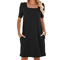 Women's Sundresses 2024 Fashion Solid Color Square Neck Short Sleeved Loose Pocket Dress Funeral, S-2XL