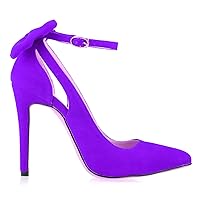 Women Fashion Pointed Toe High Heel Pumps Suede Ankle Straps Stiletto Pumps Closed Toe Dressy Office Wedding Bridal Party Dress Shoes with Rear Bow