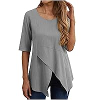 Women's Asymmetrical Hem Round Neck Short Sleeve T Shirt Summer Casual Cozy Solid Loose Tops Flowy Cotton Linen Blouse