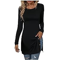 Women's Long Sleeve Shirt Fashion Round Neck Button Side Split Blouses Casual Slim Fit Long Pullover Tunic Tops