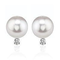 14K Yellow Gold AAA Quality Genuine Akoya Saltwater Cultured Pearl and Diamond Stud Earrings for Women