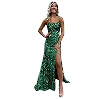 Spaghetti Straps Emerald Green Prom Dresses 2024 Sparkly Mermaid Corset Evening Gowns for Women with Slit Size 0