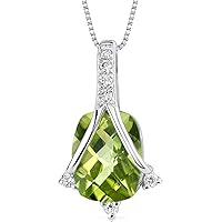 PEORA Peridot and Diamond Pendant for Women 14K White Gold, Genuine Gemstone Birthstone, 2.17 Carats Cushion Cut 9x7mm, with 18 inch Chain