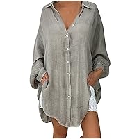 Women's Casual Cotton Linen Blouses Tops Summer Loose Fit Lightweight Lapel Long Sleeve Button Down Solid Color Shirts