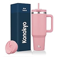 40 oz Tumbler with Handle and 2 Straws,2 in 1 Lid Insulated Water Bottle Stainless Steel Travel Coffee Mug,Pink