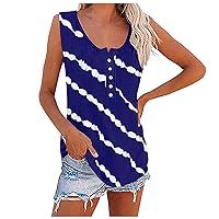 Womens V Neck Striped Tank Tops Summer Sleeveless Button Down Casual Henley Shirts Plus Size Loose Fit Tunic Tee