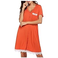 Women's Casual Dress V Neck Button Down Short Sleeve Lace Decoration Knee Length Midi Dress with Pocket