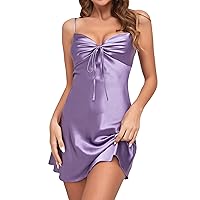 GORGLITTER Women's Silk Satin Nightgown Ruched Tie Front Sexy Lingerie Sleeveless Sleepwear Slip Nightdress